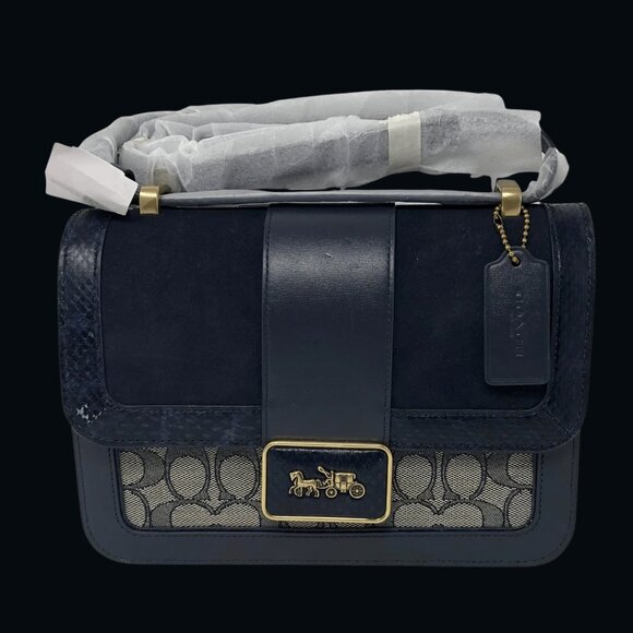 Coach Alie in Signature Jacquard with Leather & Snakeskin Detail C3756, Navy - Picture 1 of 6